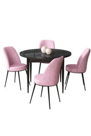Hanah Home Juego de Comedor 5 Piezas Mármol Negro con Sillas Rosas Tablero Melamina Metal